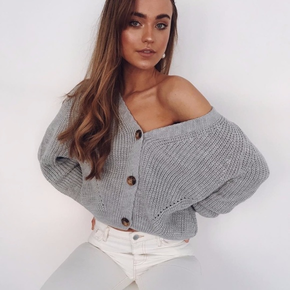 Grey Knit Button Front V-neck Cardigan - Picture 3 of 16